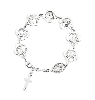 Rosebud Patron Saint Sterling Silver Bracelet with Sacred Heart, Mother of Sorrows, Our Lady of Perpetual Help, St Anthony, St Christopher, St Joseph, and St Therese the Back, HMH Religious