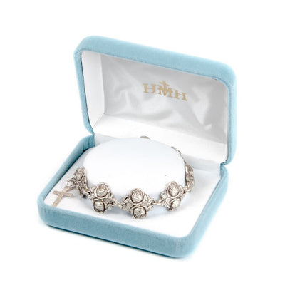 Rosebud Patron Saint Sterling Silver Bracelet with Sacred Heart, Mother of Sorrows, Our Lady of Perpetual Help, St Anthony, St Christopher, St Joseph, and St Therese in Gift Box, HMH Religious