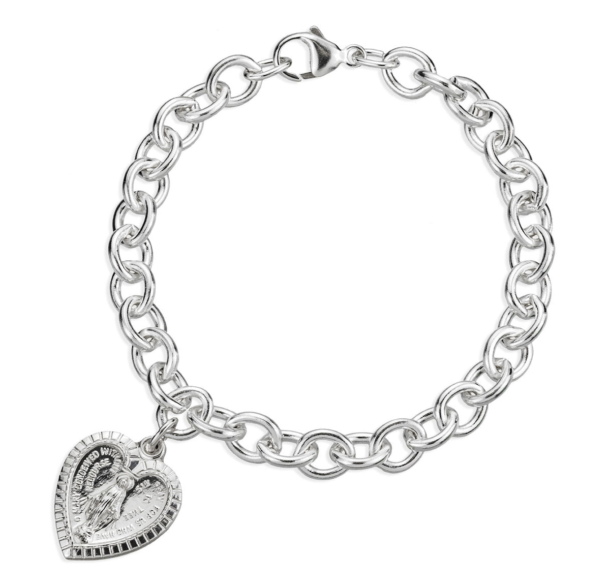 Sterling Silver Miraculous Medal Heart Shaped Charm Bracelet