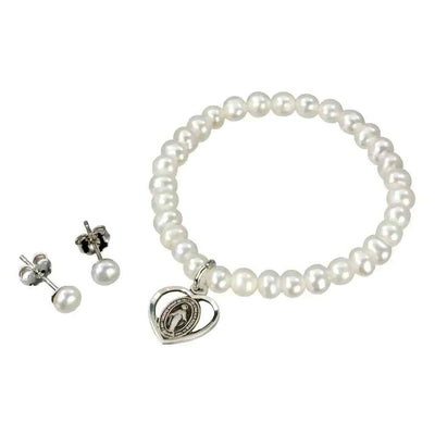 Communion Pearls Earring & Bracelet w/ Sterling Miraculous Heart, HMH Religious