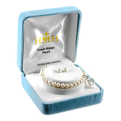Communion Pearls Earring & Bracelet w/ Sterling Miraculous Heart in Gift Box, HMH Religious