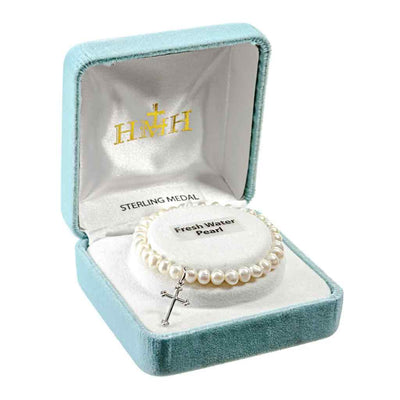 Freshwater Pearl 4mm Stretch Bracelet w/Sterling Silver Cross in Box, HMH Religious