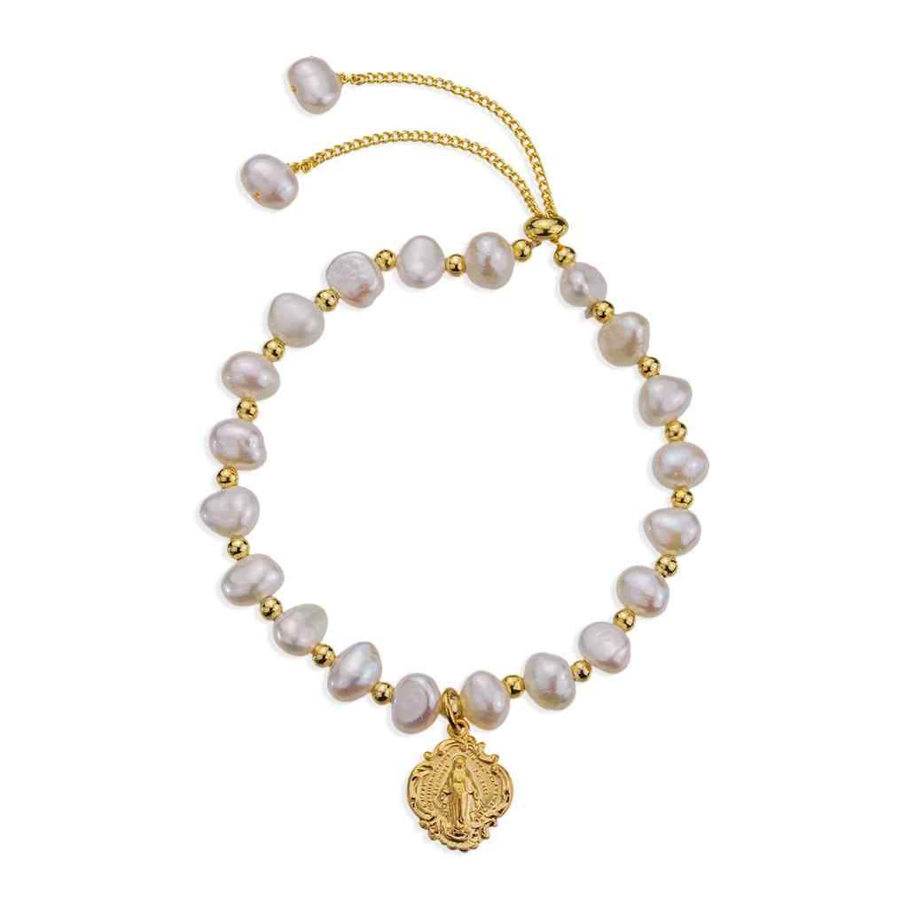 6mm cultured freshwater pearls meet a beautifully crafted a 16kt gold over sterling silver baroque style Miraculous medal pull bracelet, HMH Religious