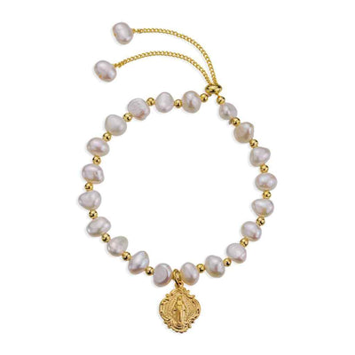6mm cultured freshwater pearls meet a beautifully crafted a 16kt gold over sterling silver baroque style Miraculous medal pull bracelet, HMH Religious