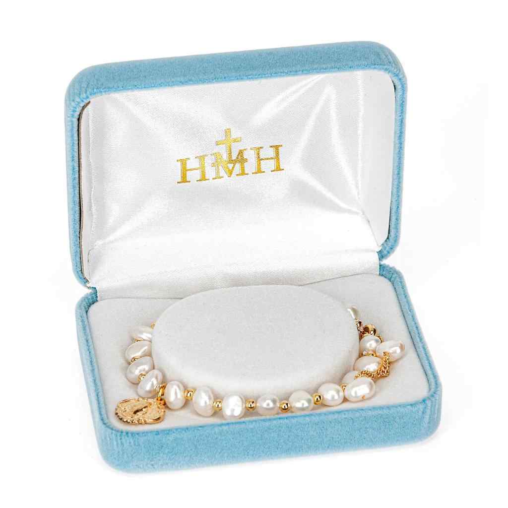 6mm cultured freshwater pearls meet a beautifully crafted a 16kt gold over sterling silver baroque style Miraculous medal pull bracelet in gift box, HMH Religious