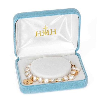 6mm cultured freshwater pearls meet a beautifully crafted a 16kt gold over sterling silver baroque style Miraculous medal pull bracelet in gift box, HMH Religious