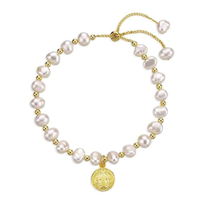 6mm cultured freshwater pearl pull bracelet with gold over sterling silver St. Benedict Medal, made in USA by HMH Religious (view 1)
