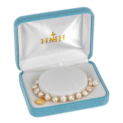 6mm cultured freshwater pearl pull bracelet with gold over sterling silver St. Benedict Medal, gift box and made in USA by HMH Religious (view 2)