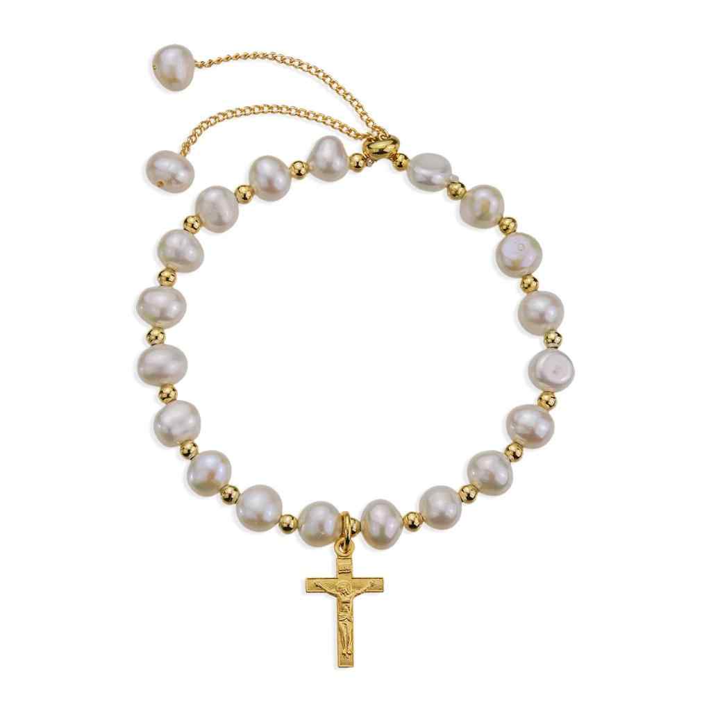 6mm cultured freshwater pearl bolo bracelet with gold over sterling silver Small Christian Cross, comes with a gift box and made in USA by HMH Religious