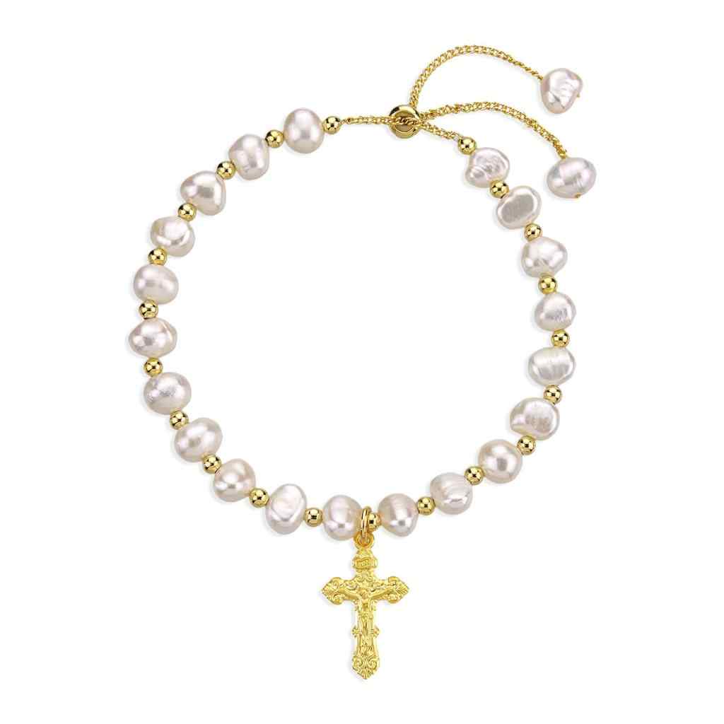 Filigree Crucifix 6mm Freshwater Pearl Gold-Plated Bolo Bracelet | HMH