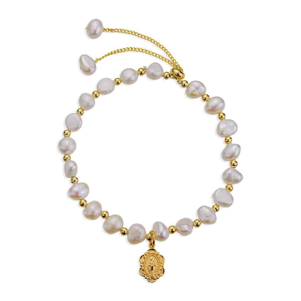 6mm cultured freshwater pearl pull bracelet with gold over sterling silver small baroque style Miraculous Medal, made in USA by HMH Religious (view 1)