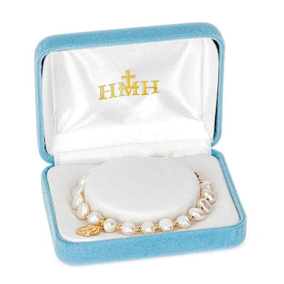 6mm cultured freshwater pearl pull bracelet with gold over sterling silver small baroque style Miraculous Medal, gift box and made in USA by HMH Religious (view 2)
