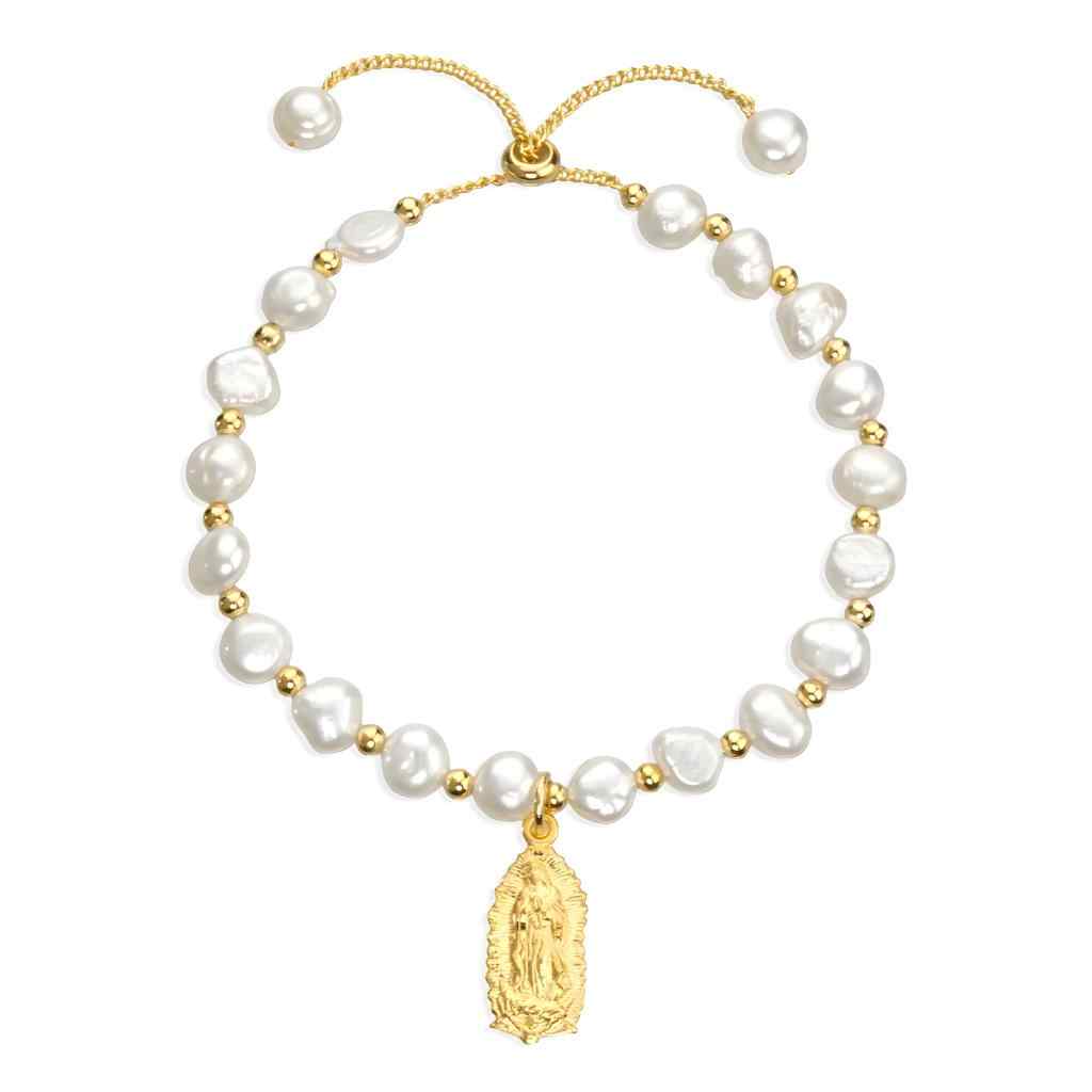 6mm cultured freshwater pearl pull bracelet with gold over sterling silver Our Lady of Guadalupe medal, gift box and made in USA by HMH Religious