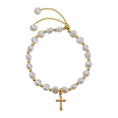 6mm cultured freshwater pearl bolo bracelet with gold over sterling silver Small Christian Cross, made in USA by HMH Religious (view 1)
