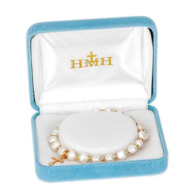 6mm cultured freshwater pearl bolo bracelet with gold over sterling silver Small Christian Cross, gift box and made in USA by HMH Religious (view 2)