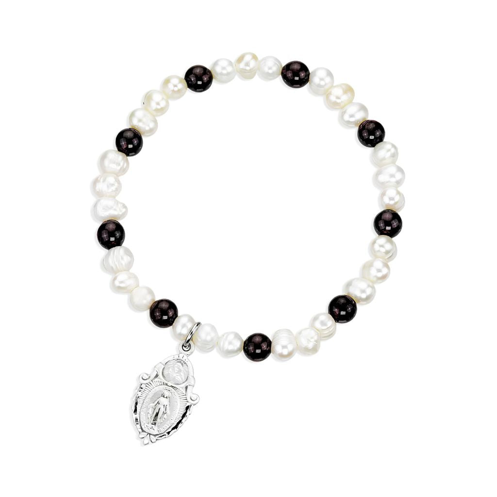 White Fresh Water Pearl & 6mm Garnet Bead Bracelet | HMH