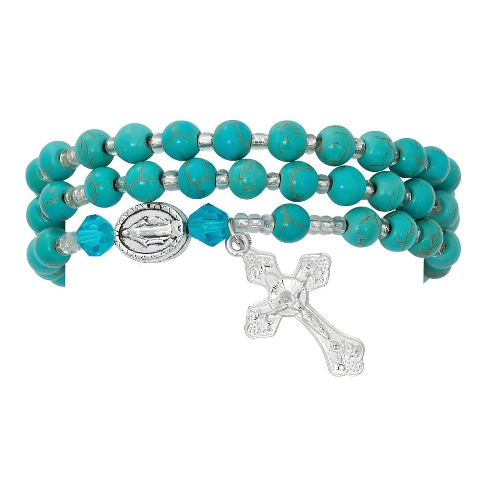 McVan Turquoise Twistable Full Rosary Bracelet — 6mm simulated turquoise jasper beads form a full rosary that stretches comfortably on the wrist.