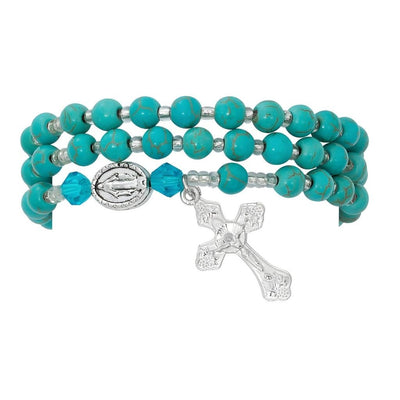 Turquoise Twistable Full Rosary Bracelet, 6mm simulated turquoise jasper beads form a full rosary that stretches comfortably on the wrist, McVan