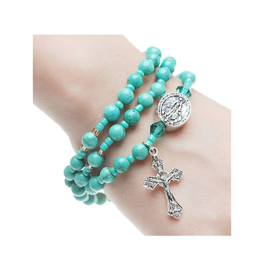 Turquoise Twistable Full Rosary Bracelet, 6mm simulated turquoise jasper beads form a full rosary shown on arm, McVan