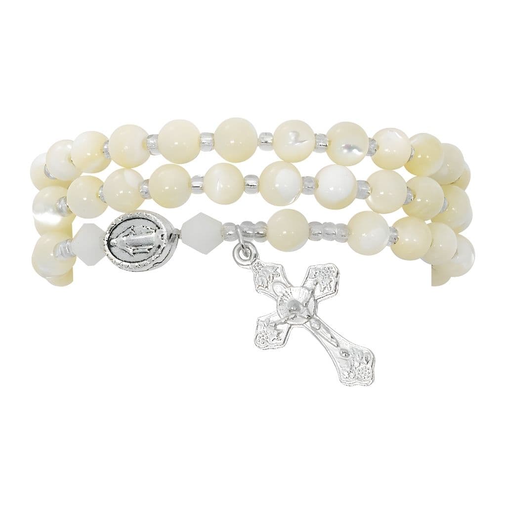 Mother of Pearl twistable full rosary bracelet with 6mm simulated shell jasper beads form a full rosary with crucifix and Miraculous Medal