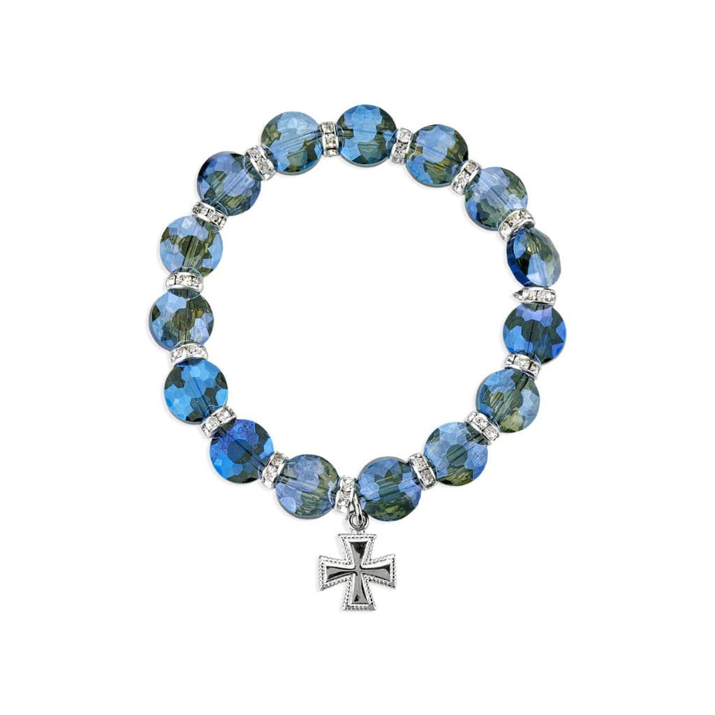 HMH Religious Beaded Cross Medal Charm with 10mm Flat Sphere Midnight Blue Faceted Crystal Beads Stretch Bracelet with Rhinestone Accents