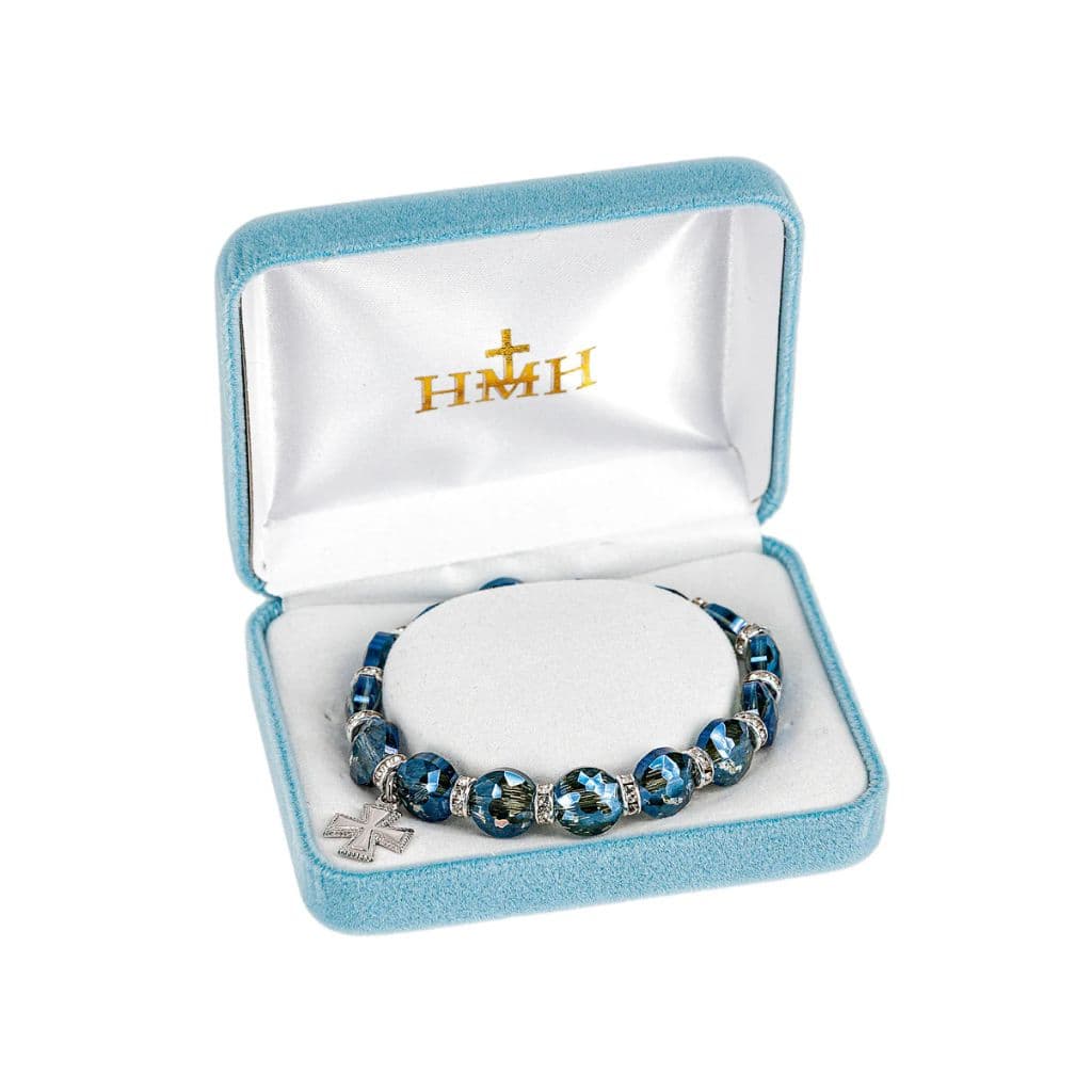 HMH Religious Beaded Cross Medal Charm with 10mm Flat Sphere Midnight Blue Faceted Crystal Beads Stretch Bracelet with Rhinestone Accents in Gift Box