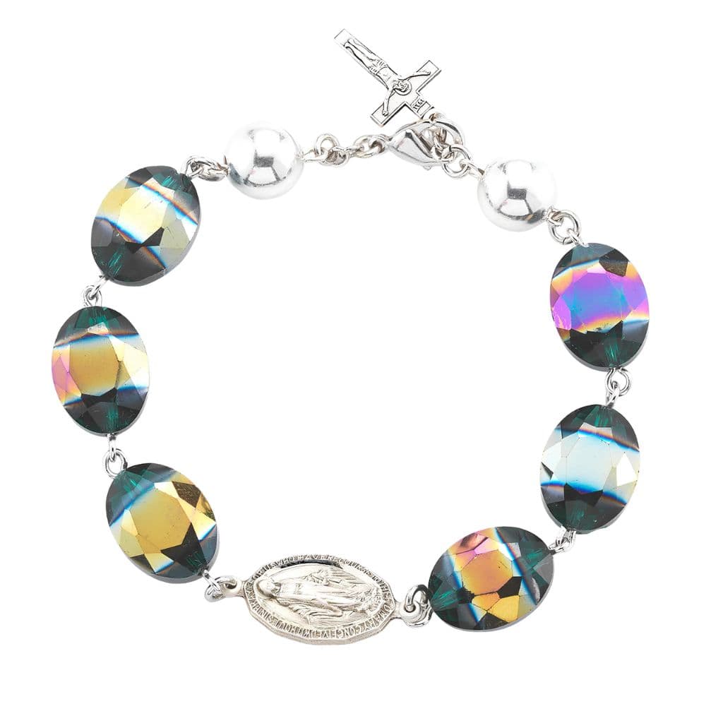 16mm oval smoked blue aurora borealis glass beads, sterling silver Miraculous Medals and crucifix, and rhodium-plated brass wire