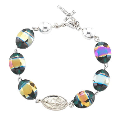 16mm oval smoked blue aurora borealis glass beads, sterling silver Miraculous Medals and crucifix, and rhodium-plated brass wire