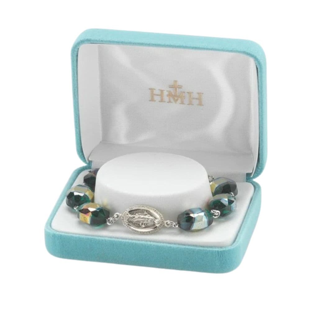 16mm oval smoked blue aurora borealis glass beads, sterling silver Miraculous Medals and crucifix, and rhodium-plated brass wire in gift box