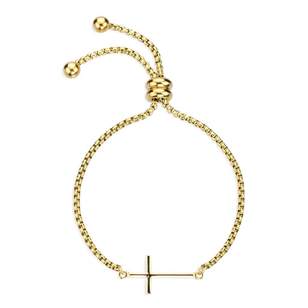 Christian Cross gold over sterling silver charm, stainless steel rolo chain bracelet adjustable sliding bead closure.