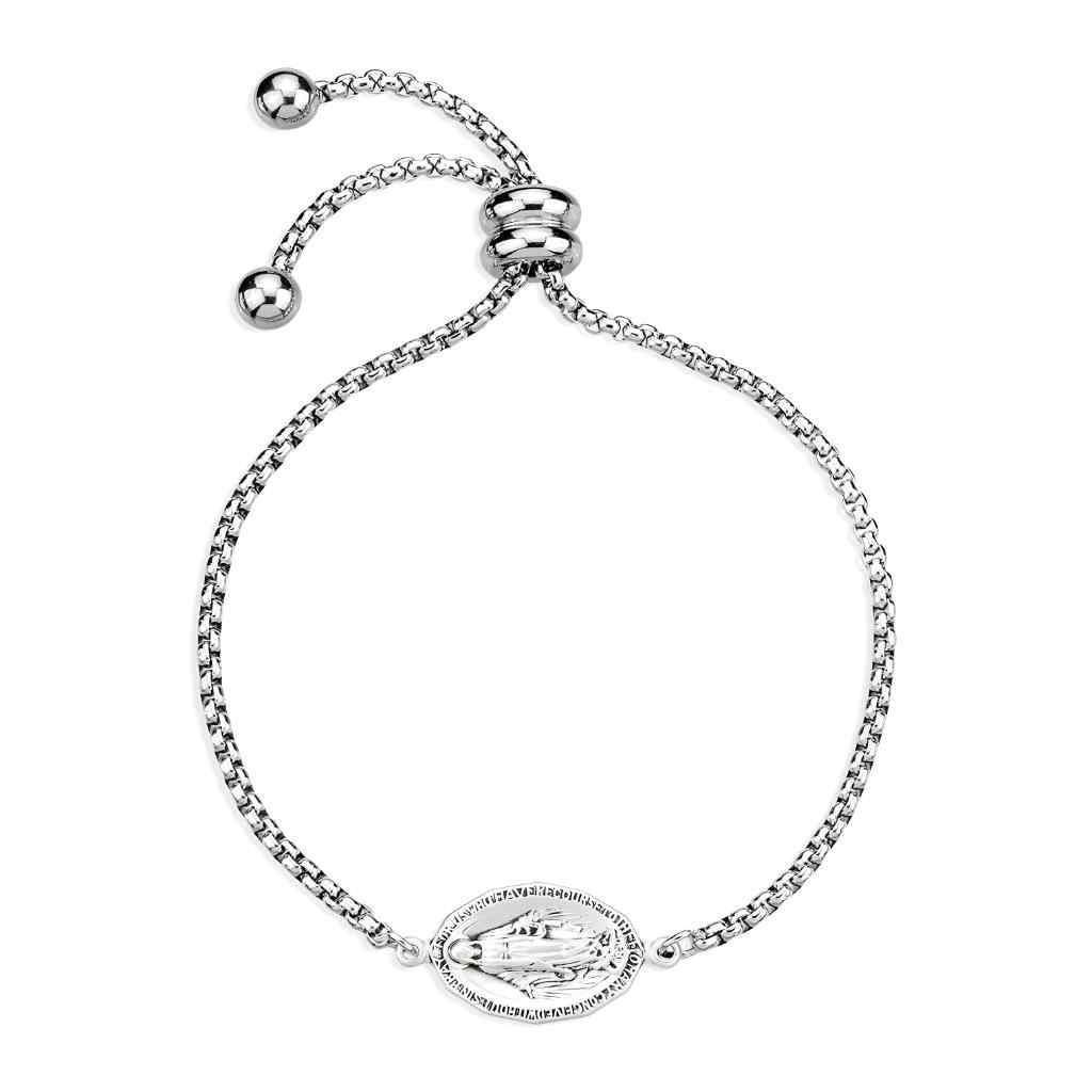 Oval Miraculous Medal sterling silver charm, stainless steel rolo chain bracelet adjustable sliding bead closure.