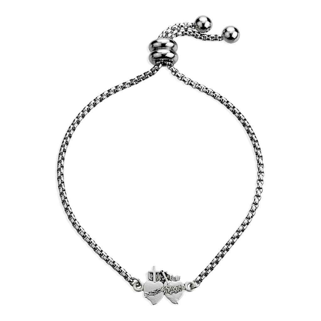 A Sacred Heart of Jesus sterling silver medal with a double-heart charm with flames, sword and cross, stainless steel rolo chain bracelet adjustable sliding bead closure.