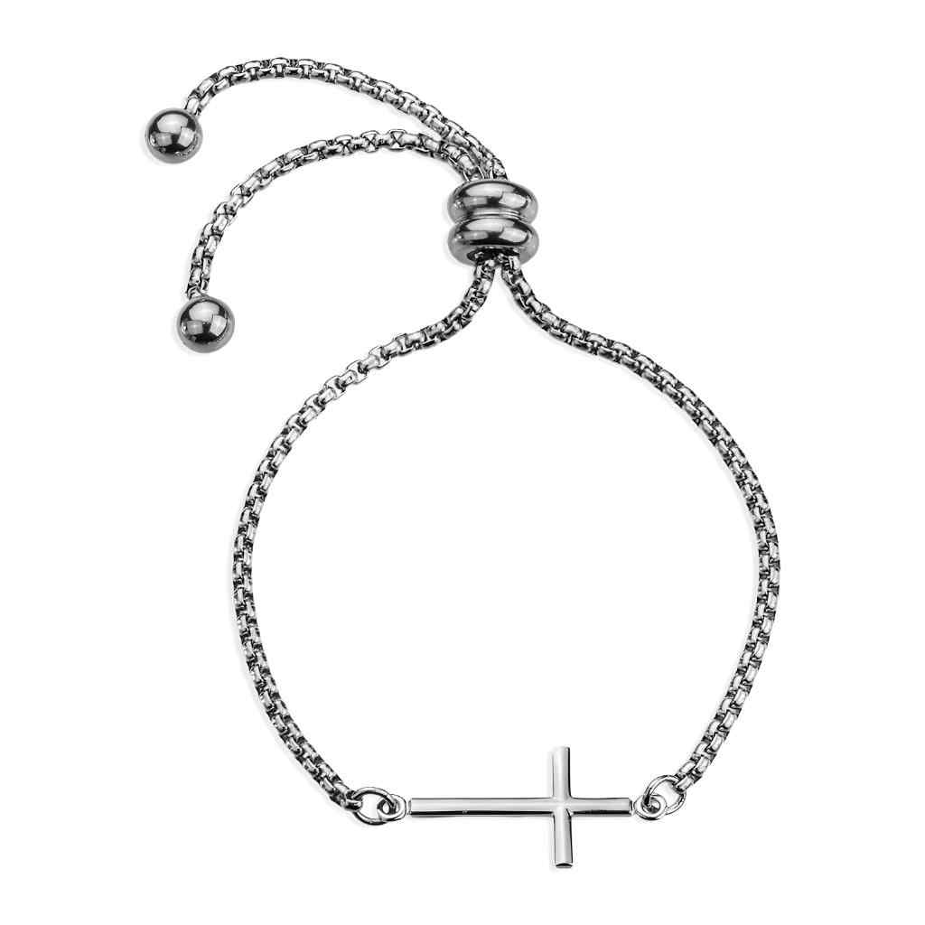 Christian Cross sterling silver charm, stainless steel rolo chain bracelet adjustable sliding bead closure.