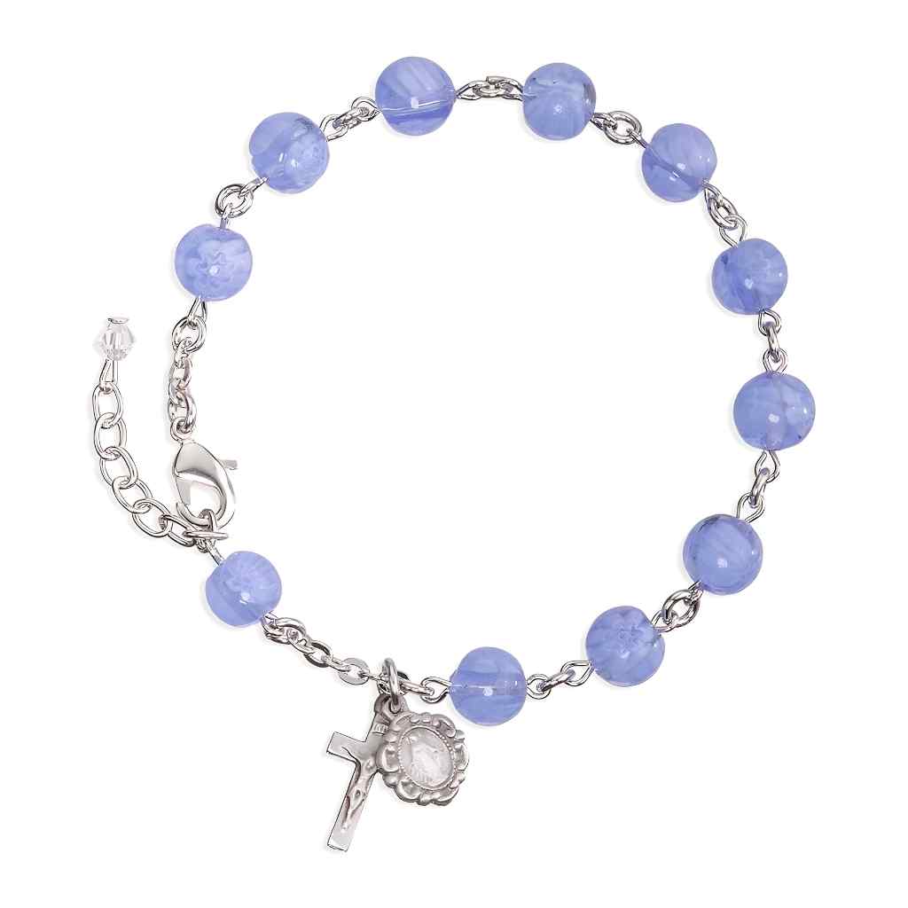Catholic Rosary Bracelet with 8mm Venetian Glass Blue and White Flower and a silver oxidized Miraculous Medal and crucifix