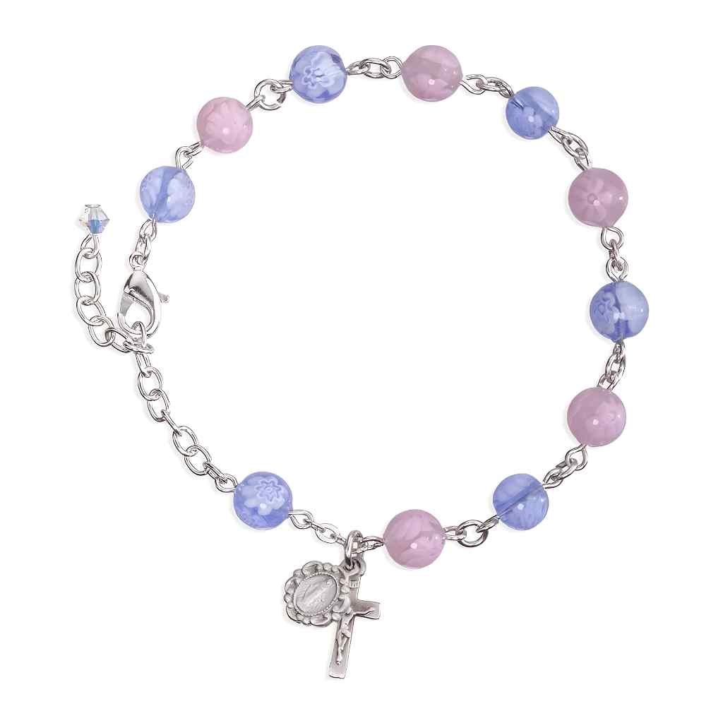 Catholic Rosary Bracelet with 8mm Venetian Glass Pink and Blue with White Flower and a silver oxidized Miraculous Medal and crucifix