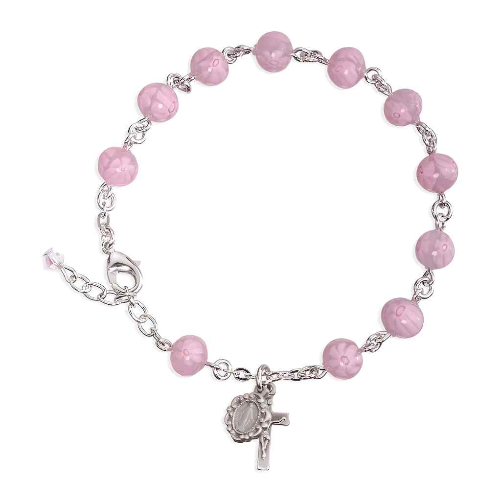 Catholic Rosary Bracelet with 8mm Venetian Glass Pink and White Flower and a silver oxidized Miraculous Medal and crucifix