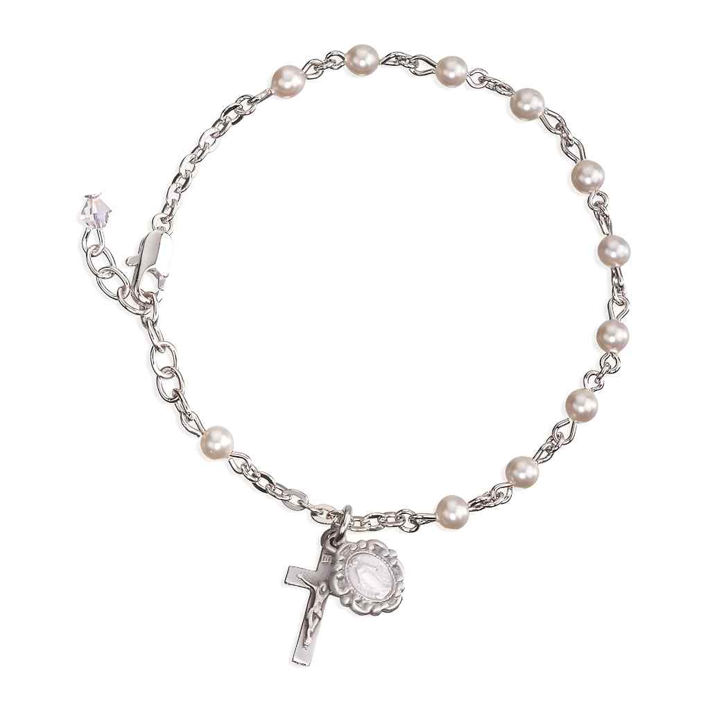 Catholic Silver Rosary Bracelet with 4mm beige Swarovski® crystal faux pearls and a pewter Miraculous Medal and crucifix