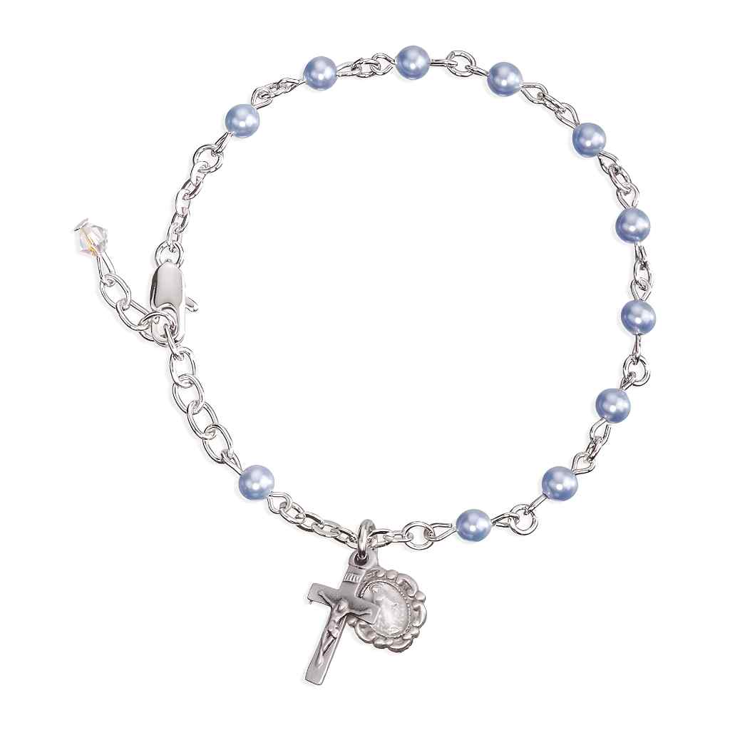 Catholic Silver Rosary Bracelet with 4mm blue Swarovski® crystal faux pearls and a pewter Miraculous Medal and crucifix