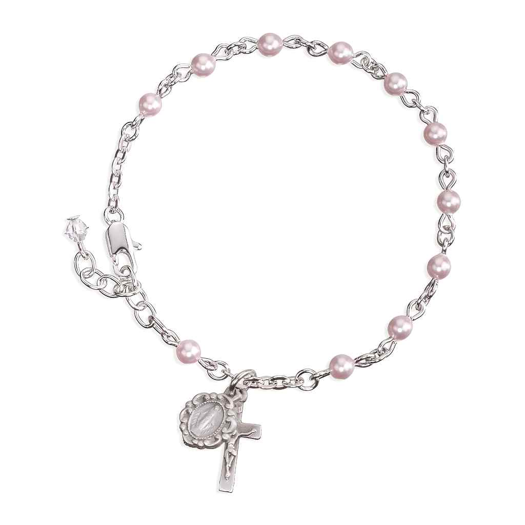 Catholic Silver Rosary Bracelet with 4mm pink Swarovski® crystal faux pearls and a pewter Miraculous Medal and crucifix