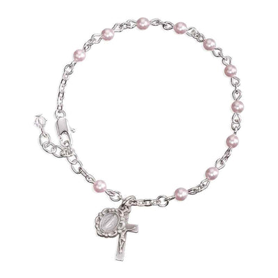 Catholic Silver Rosary Bracelet with 4mm pink Swarovski® crystal faux pearls and a pewter Miraculous Medal and crucifix