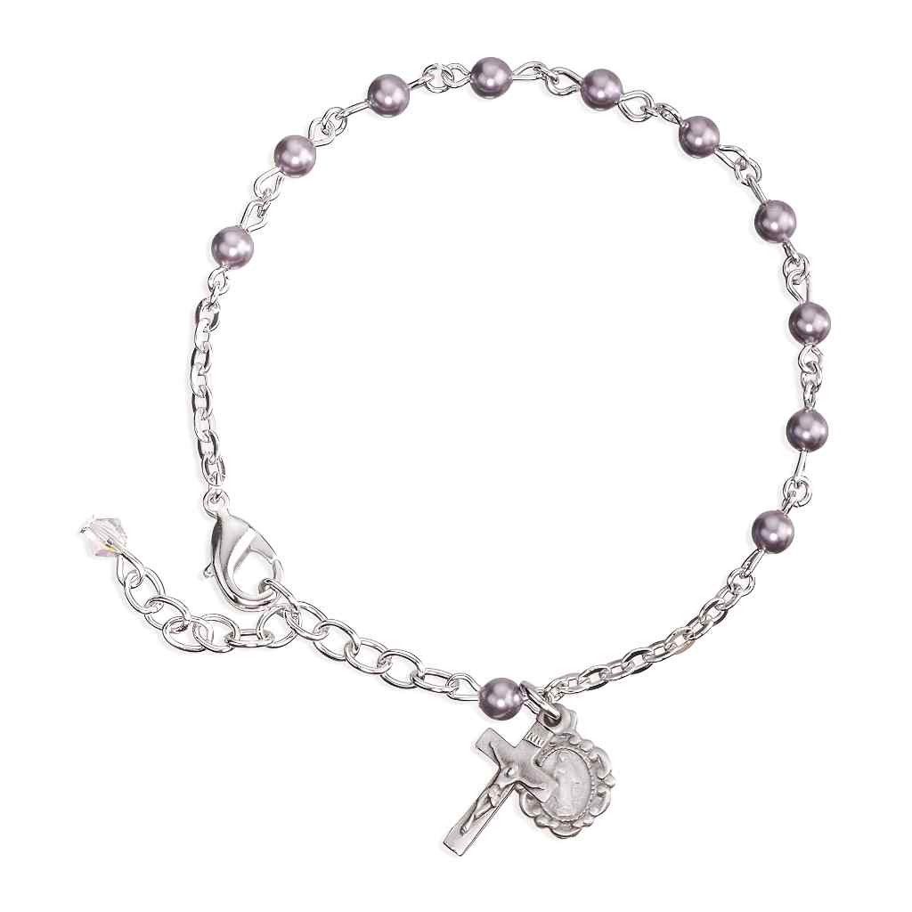 Catholic Silver Rosary Bracelet with 4mm Lavender Swarovski® crystal faux pearls and a pewter Miraculous Medal and crucifix