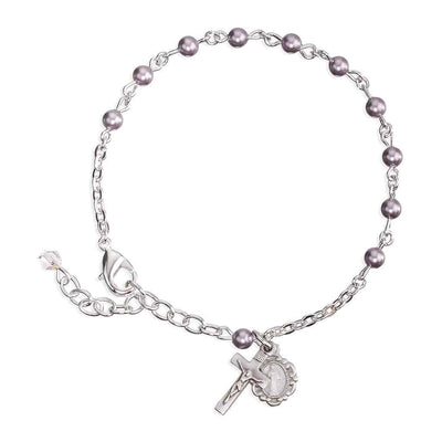 Catholic Silver Rosary Bracelet with 4mm Lavender Swarovski® crystal faux pearls and a pewter Miraculous Medal and crucifix