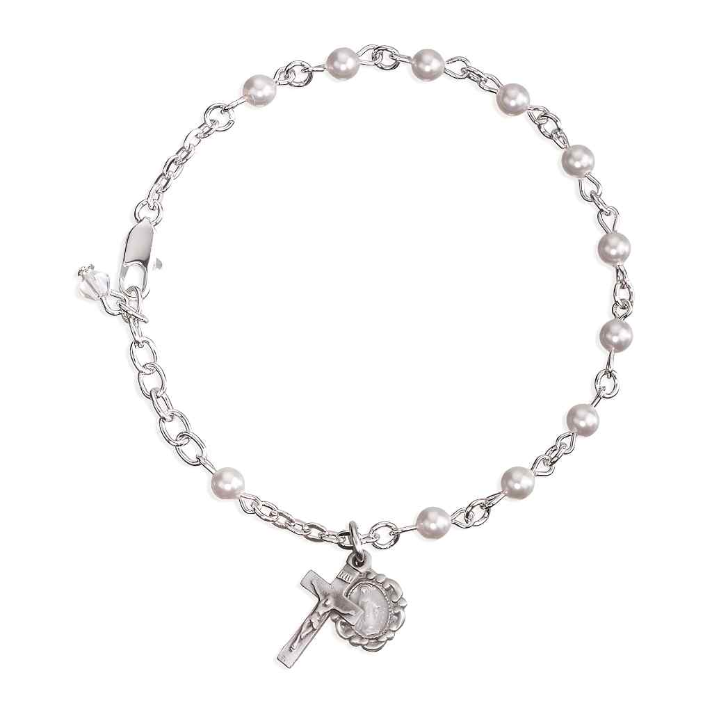 Catholic Silver Rosary Bracelet with 4mm White Swarovski® crystal faux pearls and a pewter Miraculous Medal and crucifix