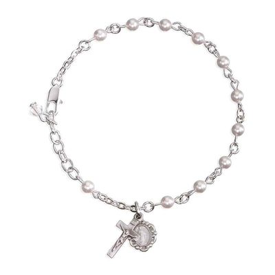 Catholic Silver Rosary Bracelet with 4mm White Swarovski® crystal faux pearls and a pewter Miraculous Medal and crucifix