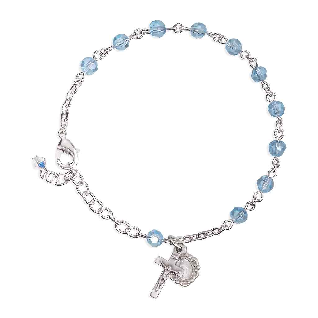 Silver Tone Catholic Rosary Bracelet with Aqua 5mm faceted crystal beads and a silver oxidized Miraculous Medal and crucifix