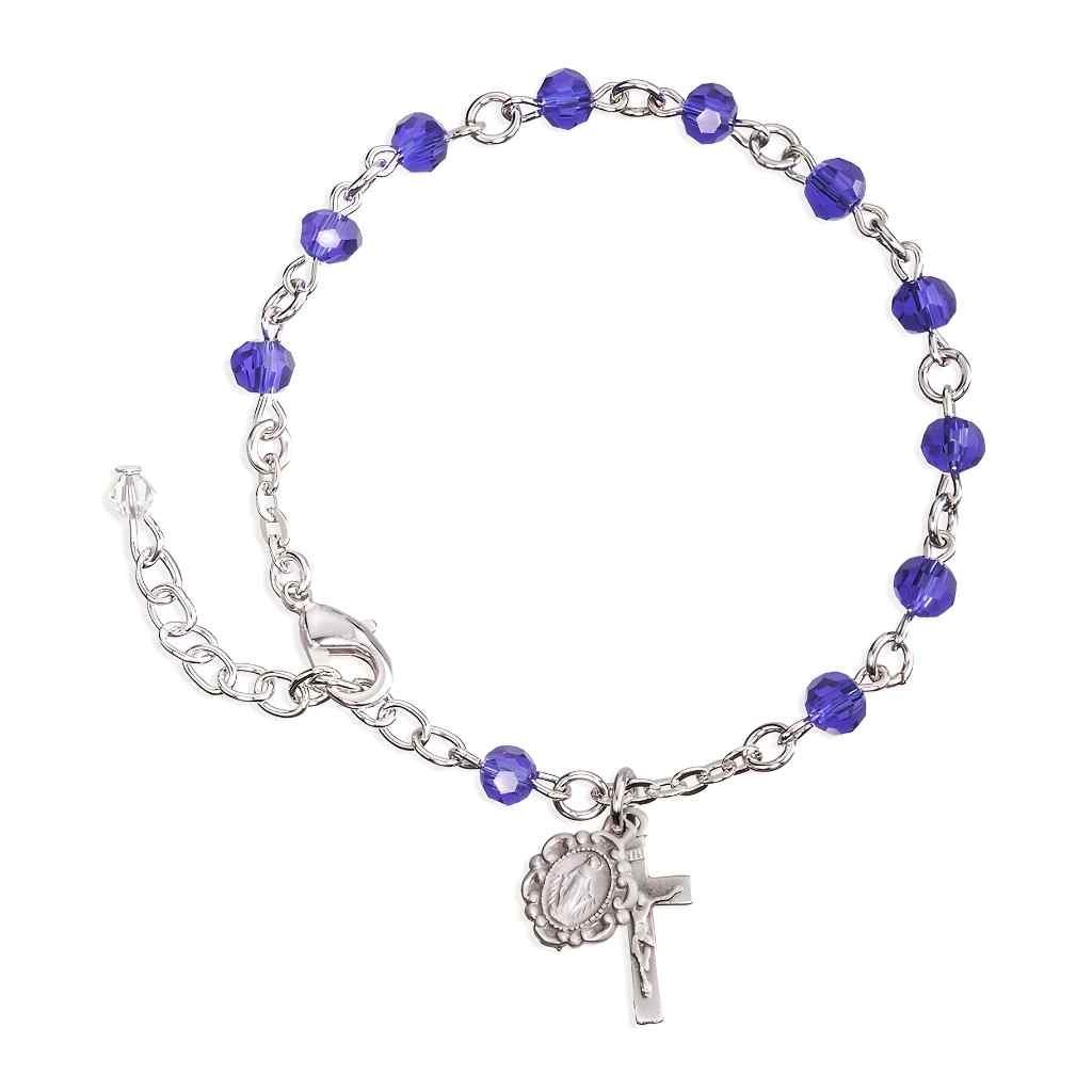 Silver Tone Catholic Rosary Bracelet with Caribbean Blue 5mm faceted crystal beads and a silver oxidized Miraculous Medal and crucifix