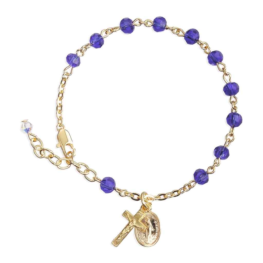 Catholic Rosary Bracelet with Caribbean Blue 5mm faceted crystal beads and a gold plated Miraculous Medal and crucifix