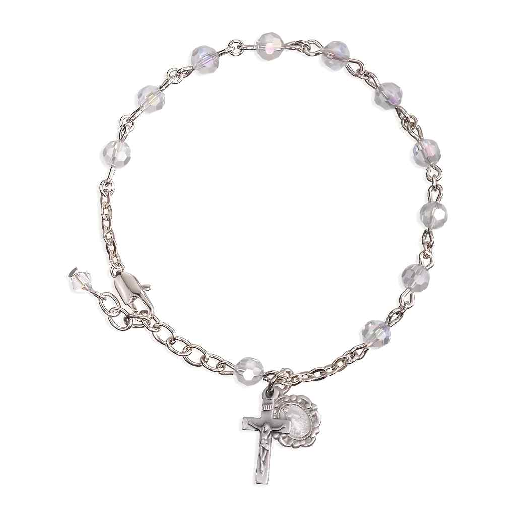 Silver Tone Catholic Rosary Bracelet with Clear 5mm faceted crystal beads and a silver oxidized Miraculous Medal and crucifix