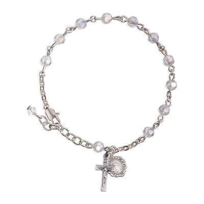 Silver Tone Catholic Rosary Bracelet with Clear 5mm faceted crystal beads and a silver oxidized Miraculous Medal and crucifix