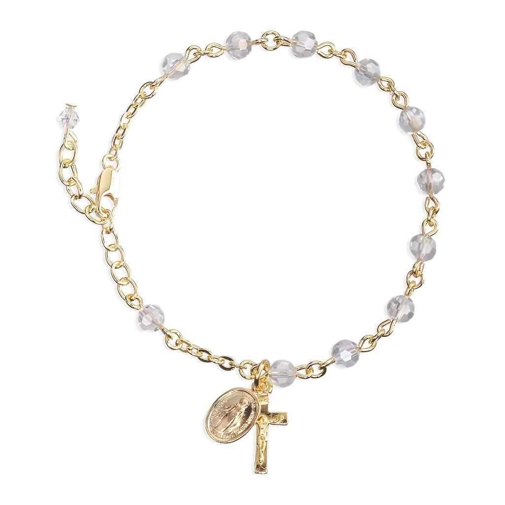 Catholic Rosary Bracelet with clear 5mm faceted crystal beads and a gold plated Miraculous Medal and crucifix